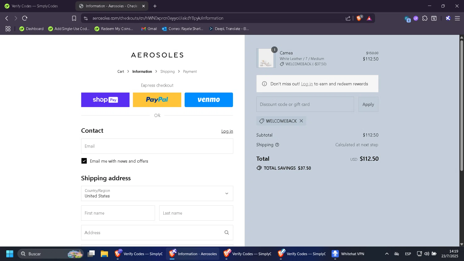 Aerosoles discount code screenshot showing code WELCOMEBACK applied at Aerosoles checkout page. Uploaded by SimplyCodes community member BrilliantChaser8930 on Jul 23, 2025