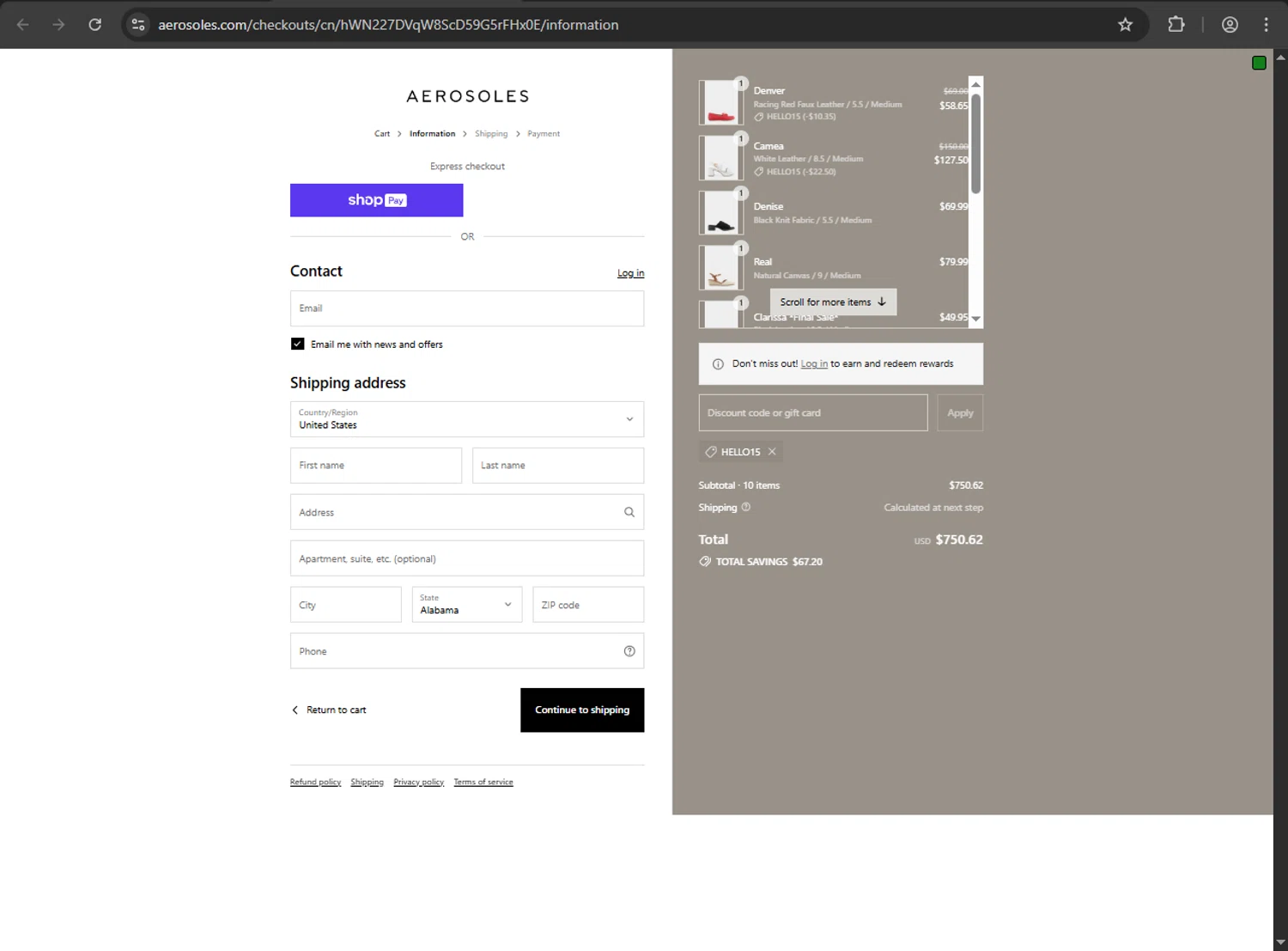 Aerosoles discount code screenshot showing code HELLO15 applied at Aerosoles checkout page. Uploaded by SimplyCodes community member THEROCKs on Aug 20, 2025
