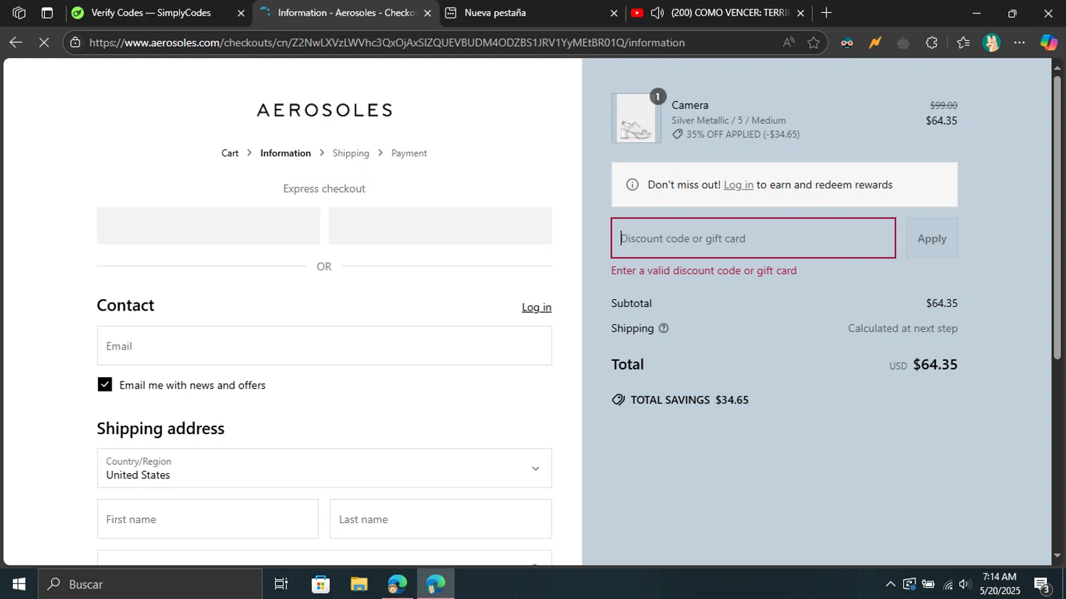 Aerosoles discount code screenshot showing code FAVESHOE20 applied at Aerosoles checkout page. Uploaded by SimplyCodes community member Don_Quixote on May 20, 2025