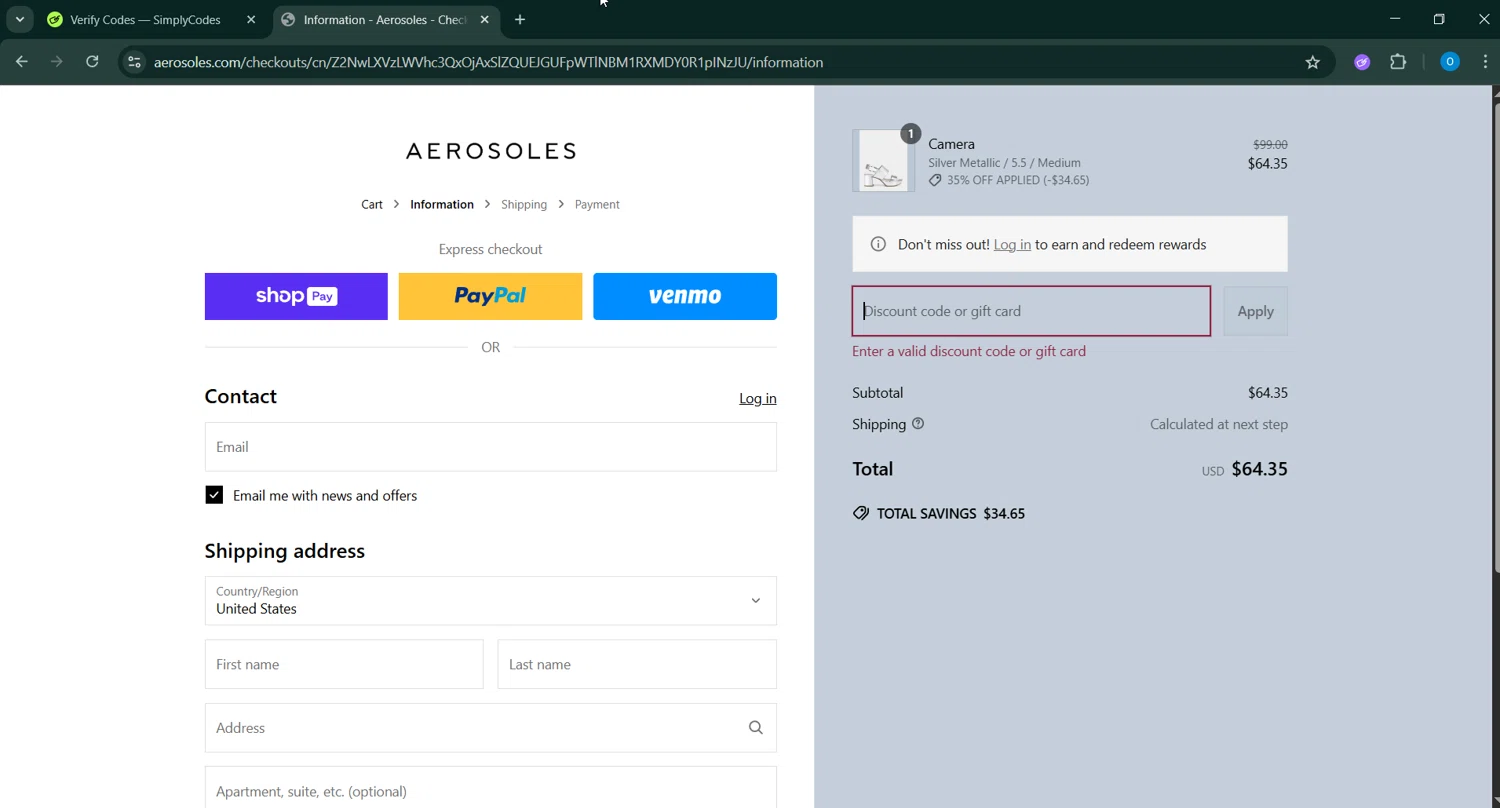 Aerosoles discount code screenshot showing code FAVESHOE20 applied at Aerosoles checkout page. Uploaded by SimplyCodes community member _____________ on May 20, 2025
