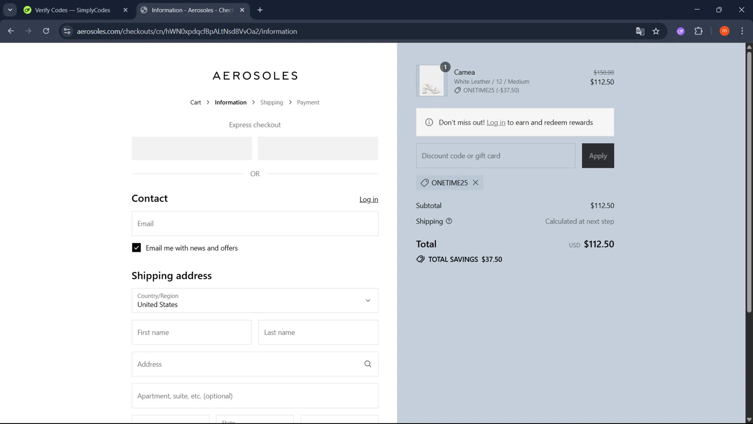 Aerosoles discount code screenshot showing code onetime25 applied at Aerosoles checkout page. Uploaded by SimplyCodes community member PromoMonarch895 on Jul 23, 2025