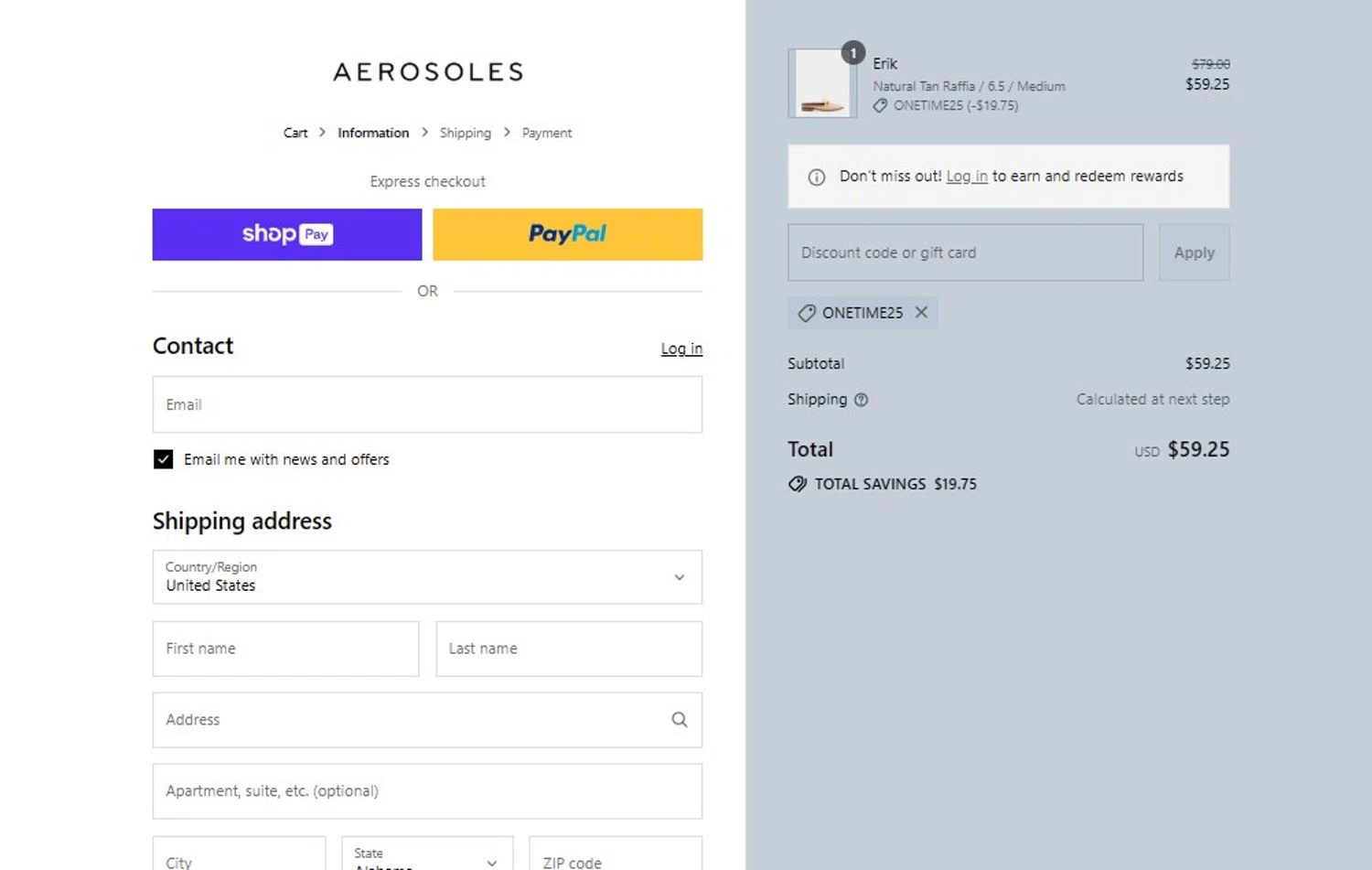 Aerosoles discount code screenshot showing code onetime25 applied at Aerosoles checkout page. Uploaded by SimplyCodes community member VictoriousPioneer7354 on Jul 30, 2025