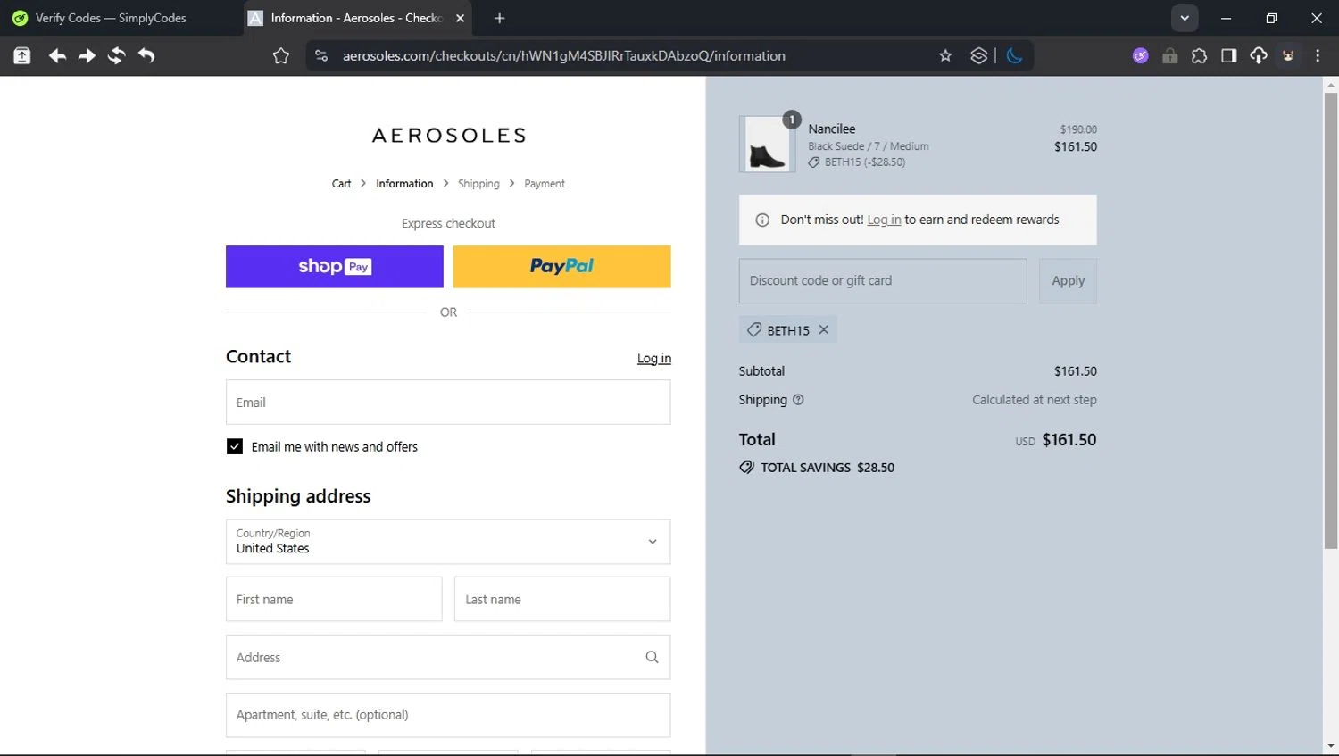 Aerosoles discount code screenshot showing code BETH15 applied at Aerosoles checkout page. Uploaded by SimplyCodes community member BudgetCollector3125 on Aug 11, 2025