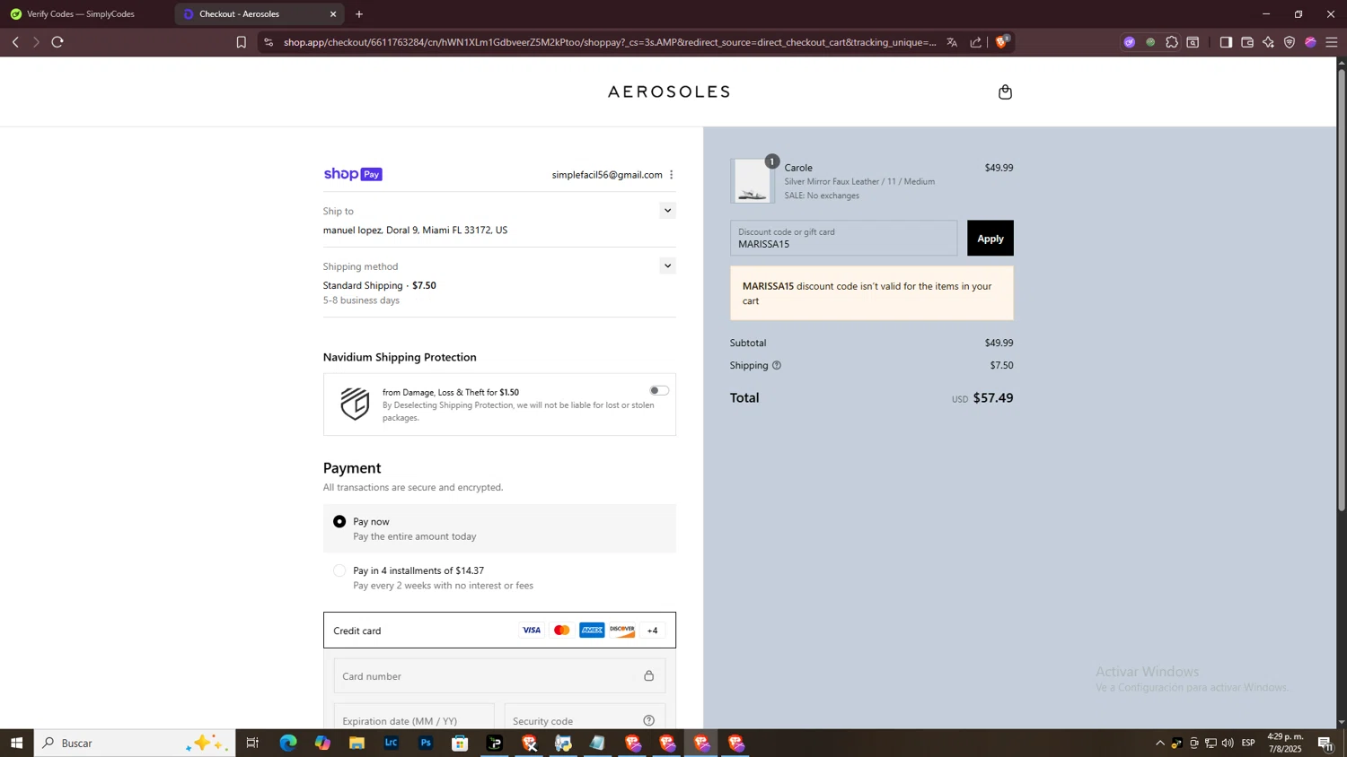 Aerosoles discount code screenshot showing code MARISSA15 applied at Aerosoles checkout page. Uploaded by SimplyCodes community member ArtPOPO on Aug 7, 2025