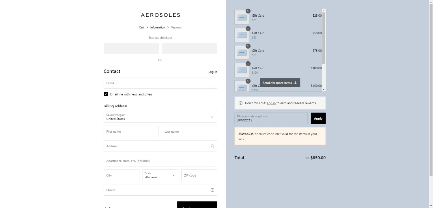 Aerosoles discount code screenshot showing code JRWXXC15 applied at Aerosoles checkout page. Uploaded by SimplyCodes community member PromoAdmiral6652 on Jul 8, 2025