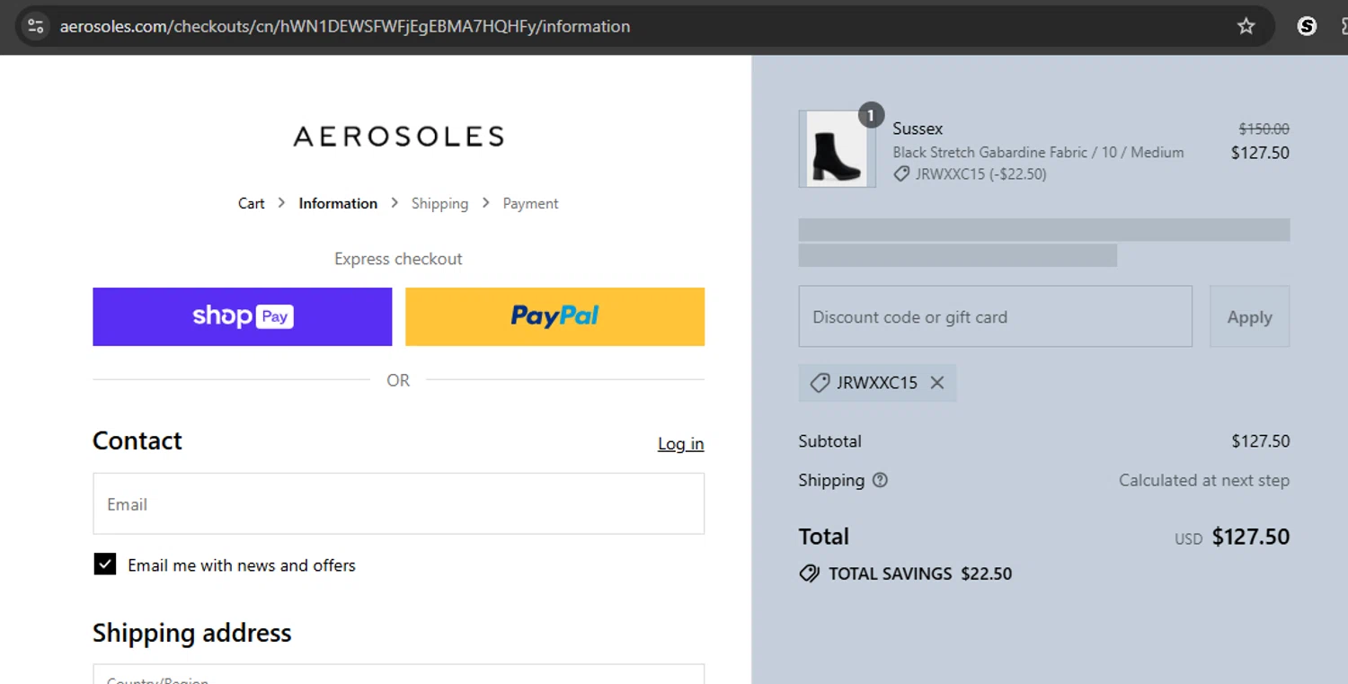 Aerosoles discount code screenshot showing code JRWXXC15 applied at Aerosoles checkout page. Uploaded by SimplyCodes community member argenygalvez on Jul 30, 2025