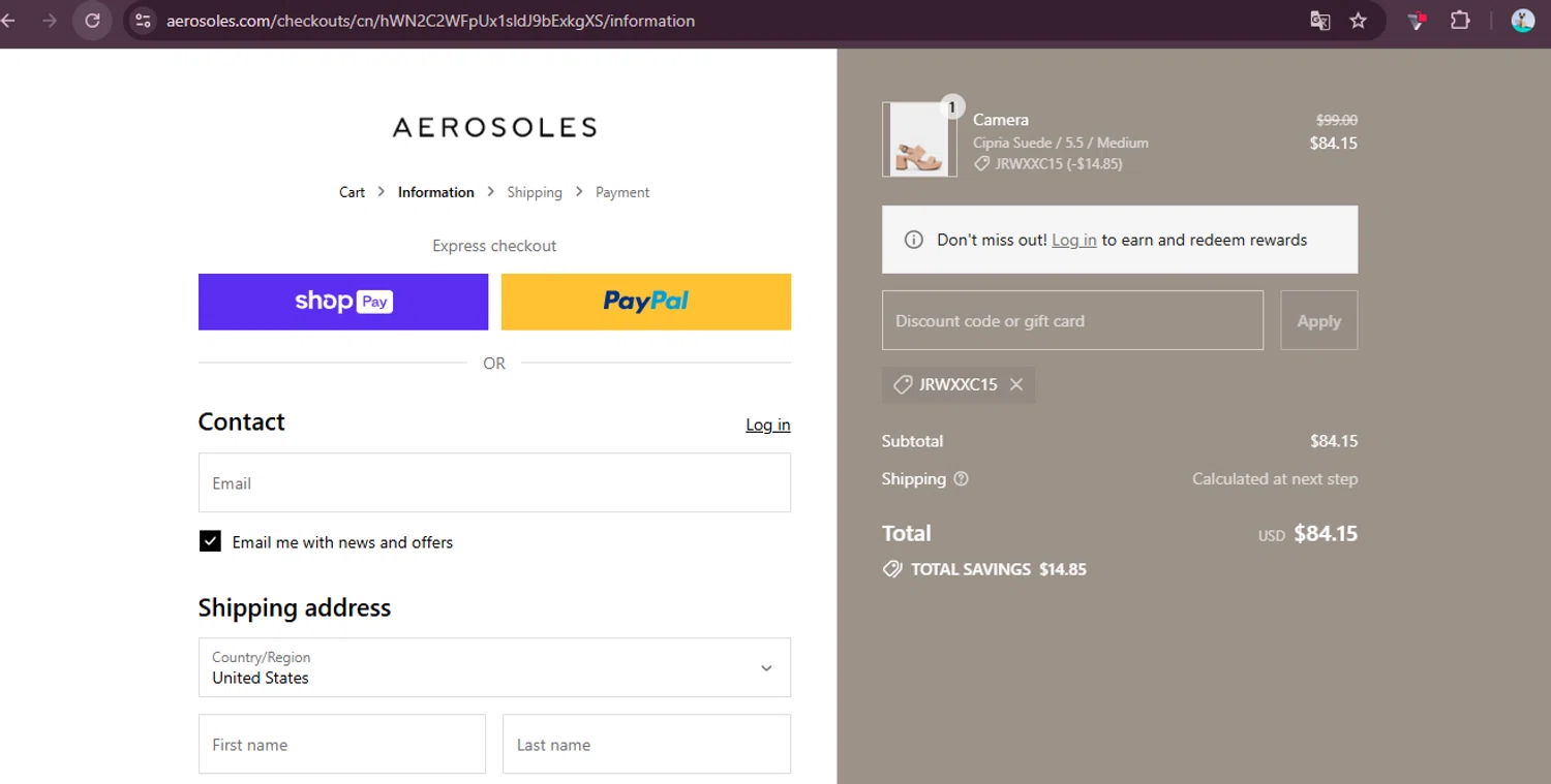 Aerosoles discount code screenshot showing code JRWXXC15 applied at Aerosoles checkout page. Uploaded by SimplyCodes community member elgatobravo on Aug 25, 2025