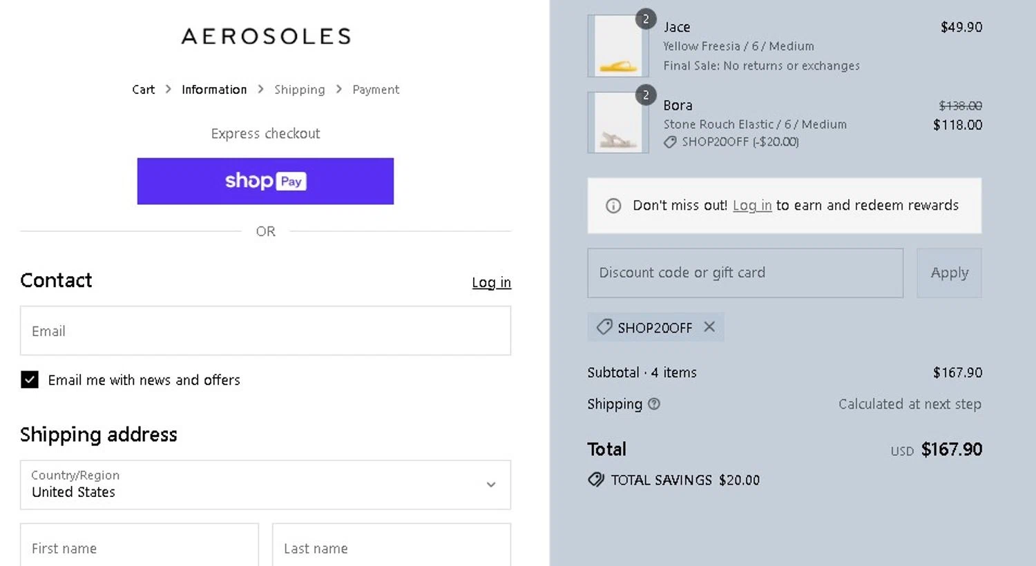 Aerosoles discount code screenshot showing code SHOP20OFF applied at Aerosoles checkout page. Uploaded by SimplyCodes community member Elcompa on Jul 23, 2025