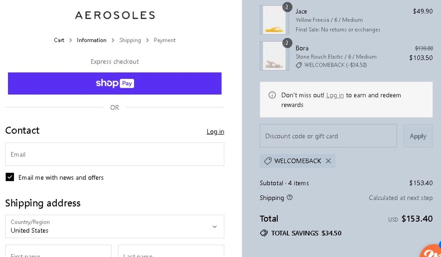 Aerosoles discount code screenshot showing code WELCOMEBACK applied at Aerosoles checkout page. Uploaded by SimplyCodes community member Elcompa on Jul 23, 2025