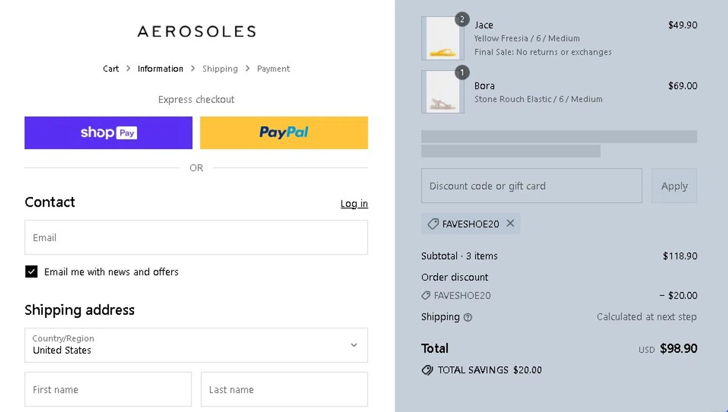 Aerosoles discount code screenshot showing code FAVESHOE20 applied at Aerosoles checkout page. Uploaded by SimplyCodes community member Elcompa on Jul 23, 2025