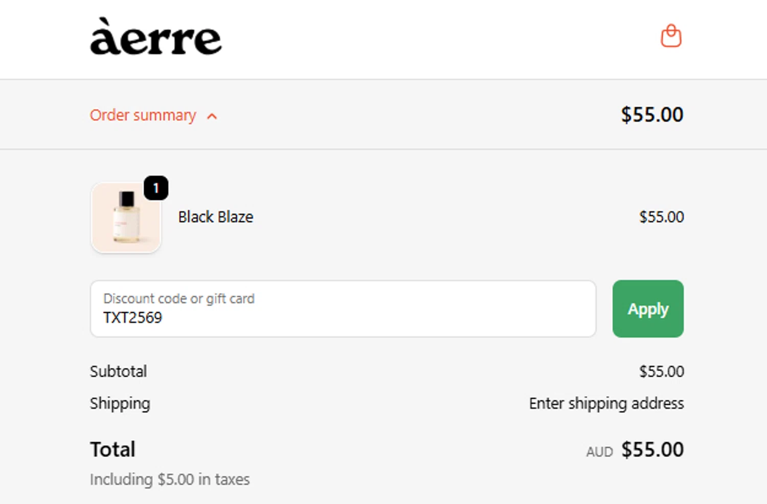 Àerre promo code screenshot showing code TXT2569 applied at Àerre checkout page. Uploaded by SimplyCodes community member josedanielacostaguan on Oct 11, 2025