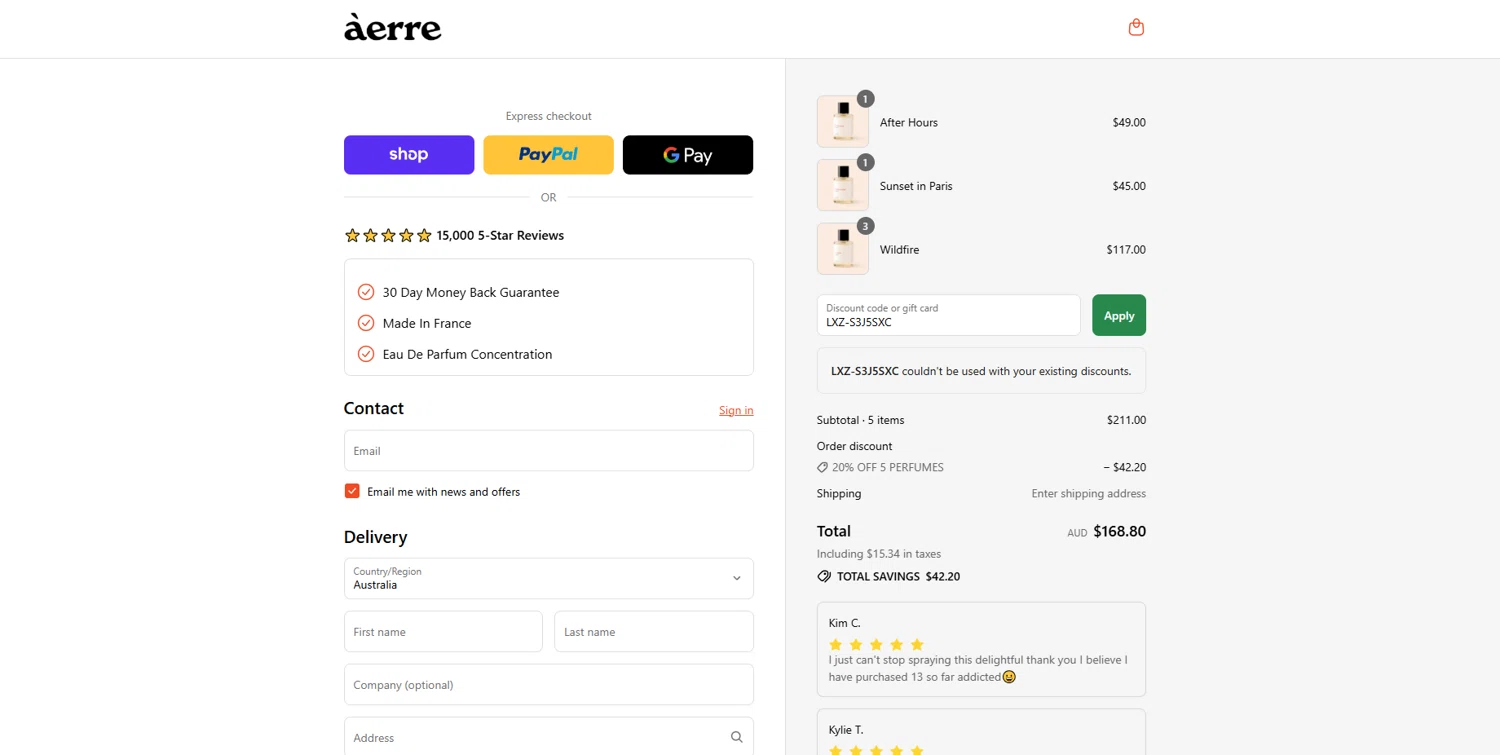 Àerre promo code screenshot showing code LXZ-S3J5SXC applied at Àerre checkout page. Uploaded by SimplyCodes community member DealScout769 on Sep 16, 2025