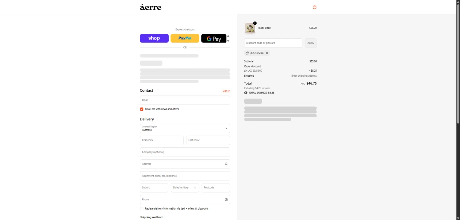 Àerre promo code screenshot showing code LXZ-S3J5SXC applied at Àerre checkout page. Uploaded by SimplyCodes community member TokenFalcon7462 on Jan 12, 2026