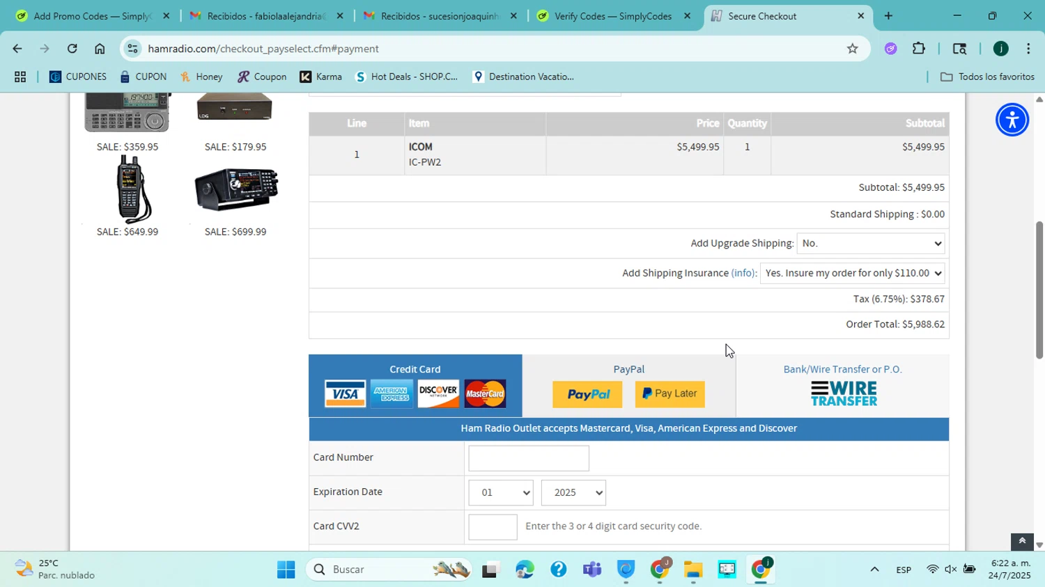 Ham Radio Outlet discount code screenshot showing code SAVE15 applied at Ham Radio Outlet checkout page. Uploaded by SimplyCodes community member jorgejavierherrera on Jul 24, 2025