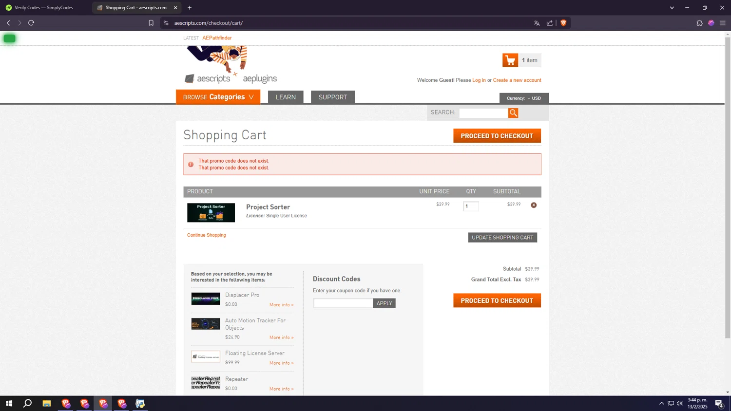 Aescripts discount code screenshot showing code E3D50 applied at Aescripts checkout page. Uploaded by SimplyCodes community member usercod909090 on Feb 13, 2025