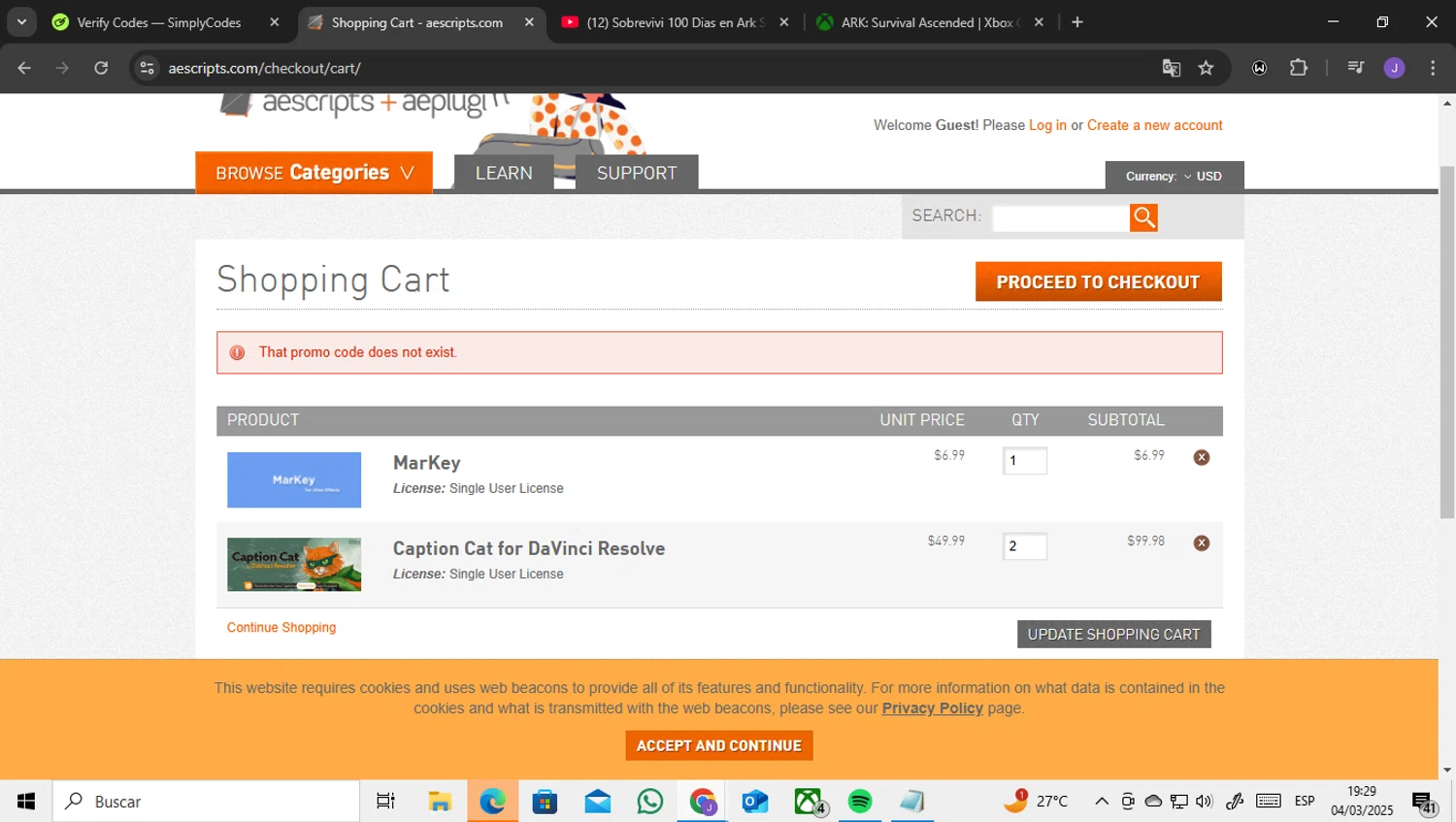 Aescripts discount code screenshot showing code E3D50 applied at Aescripts checkout page. Uploaded by SimplyCodes community member ENCARAMESSI on Mar 4, 2025
