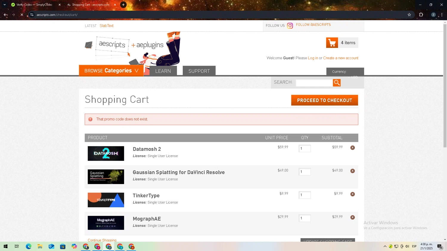 Aescripts discount code screenshot showing code E3D50 applied at Aescripts checkout page. Uploaded by SimplyCodes community member 27zxbr on Jan 21, 2025