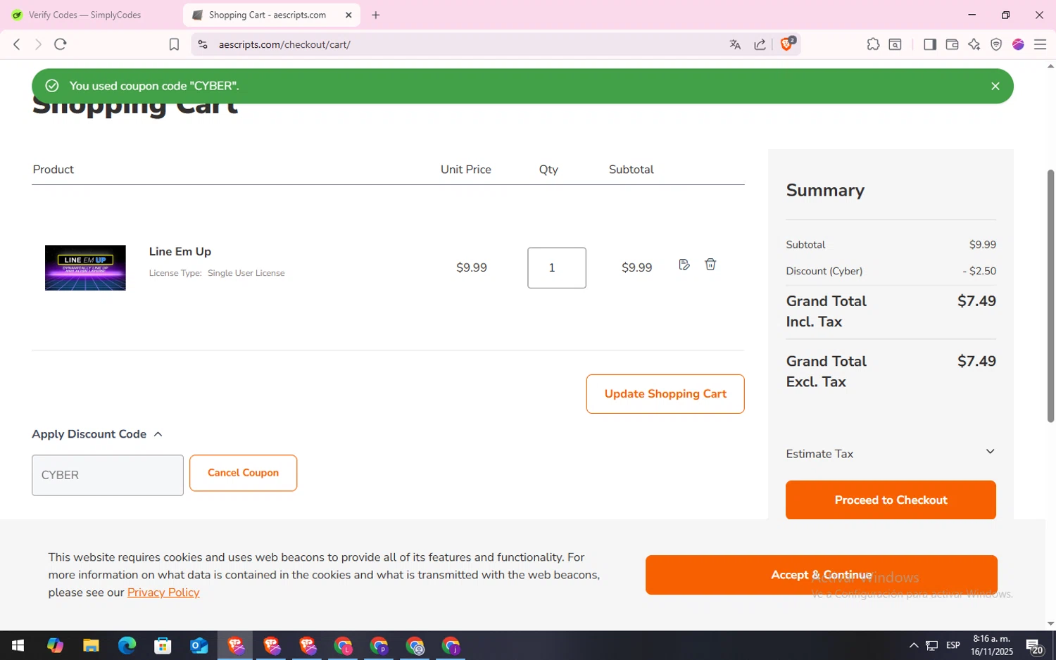Aescripts discount code screenshot showing code CYBER applied at Aescripts checkout page. Uploaded by SimplyCodes community member CodeLynx5272 on Nov 16, 2025