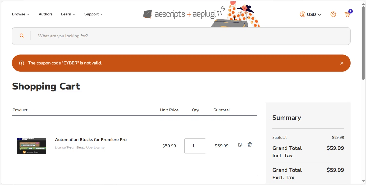 Aescripts discount code screenshot showing code CYBER applied at Aescripts checkout page. Uploaded by SimplyCodes community member MagnificentVirtuoso8433 on Dec 10, 2025