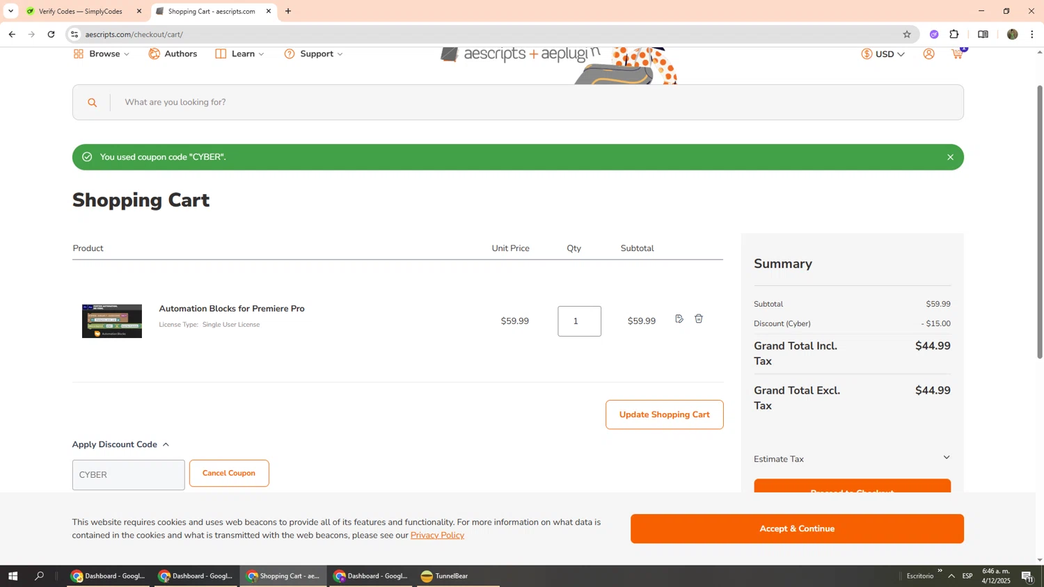 Aescripts discount code screenshot showing code CYBER applied at Aescripts checkout page. Uploaded by SimplyCodes community member Phoenix585 on Dec 4, 2025