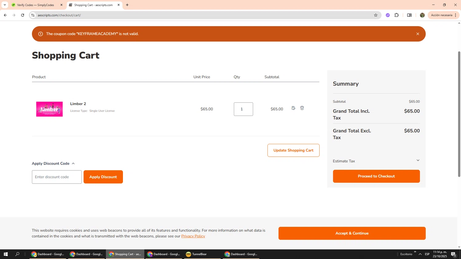 Aescripts discount code screenshot showing code KEYFRAMEACADEMY applied at Aescripts checkout page. Uploaded by SimplyCodes community member Phoenix585 on Oct 24, 2025