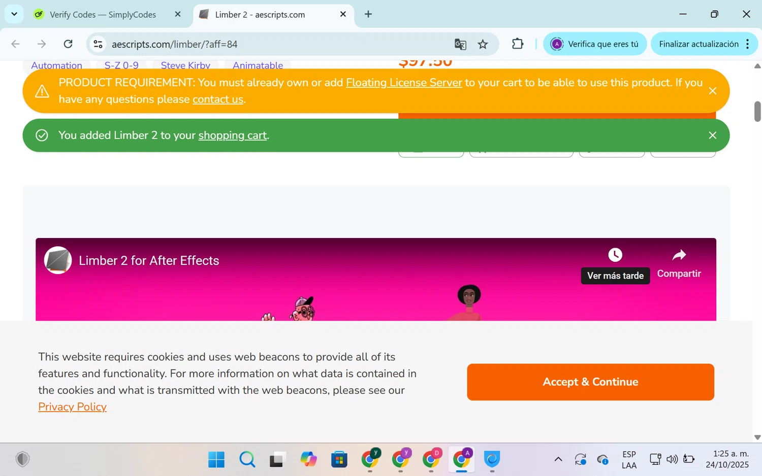 Aescripts discount code screenshot showing code KEYFRAMEACADEMY applied at Aescripts checkout page. Uploaded by SimplyCodes community member SEANJOHN55 on Oct 24, 2025