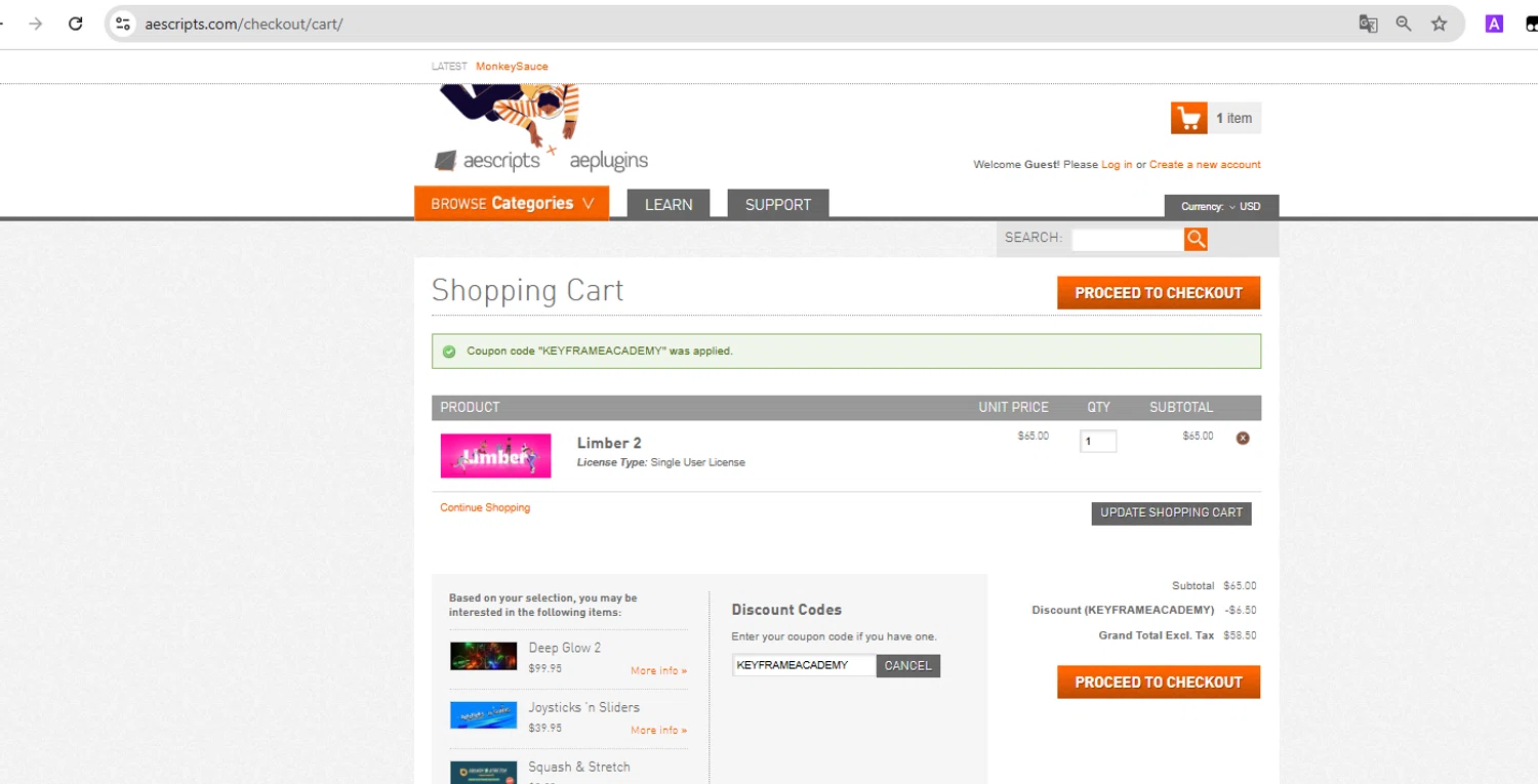 Aescripts checkout page showing Aescripts discount code box | Screenshot taken by SimplyCodes community member on Mar 30, 2025