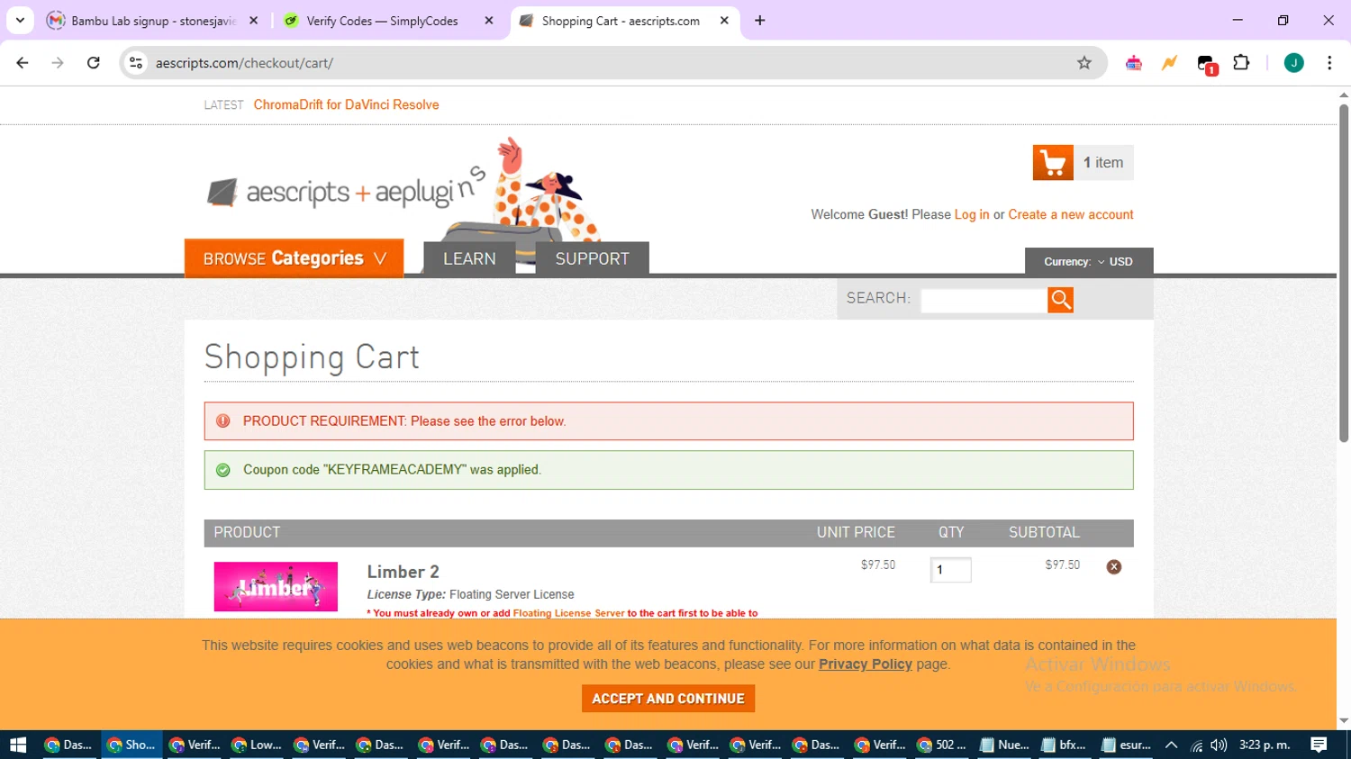 Aescripts checkout page showing Aescripts discount code box | Screenshot taken by SimplyCodes community member on Apr 10, 2025