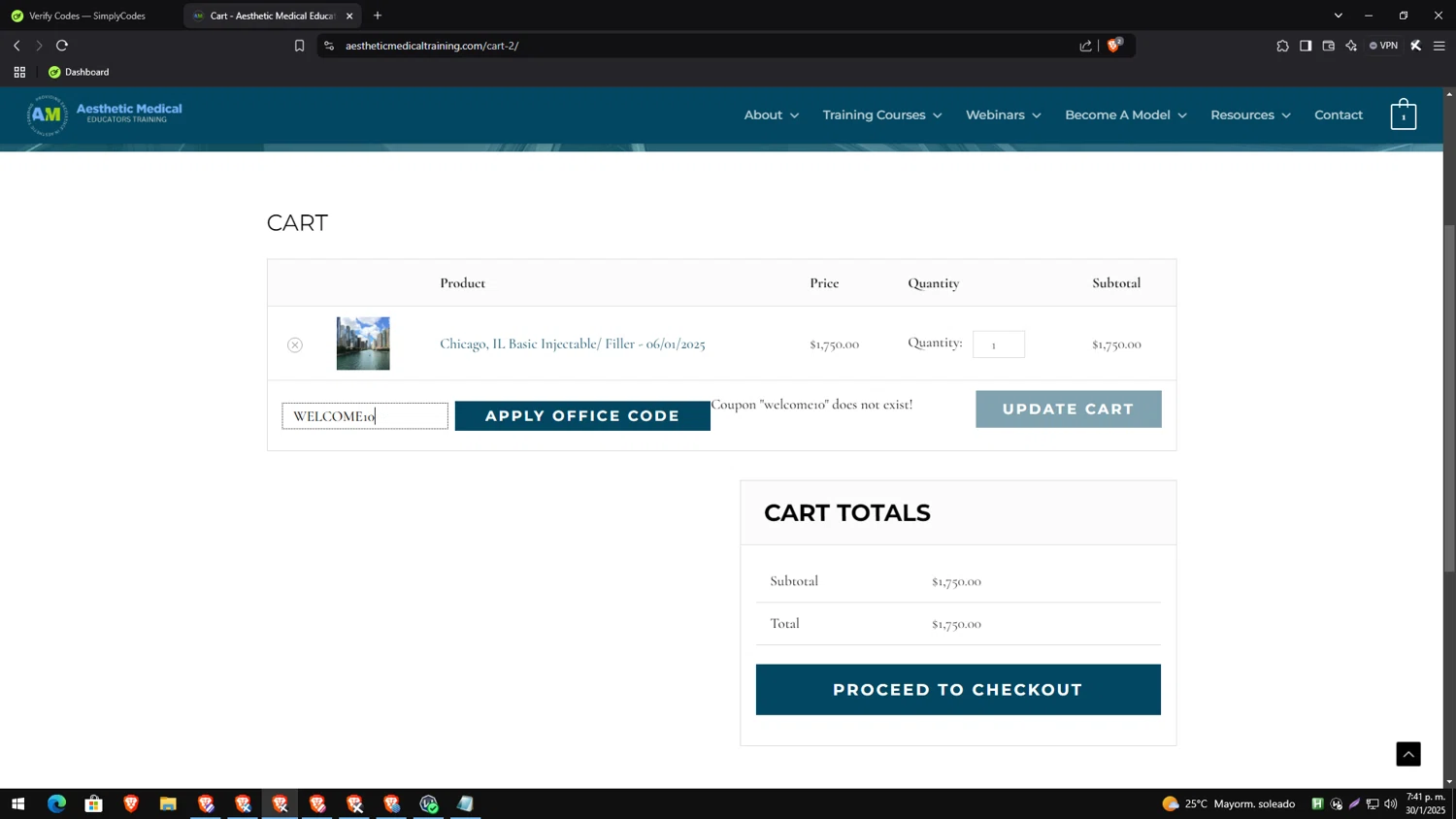 Aesthetic Medical Training promo code screenshot showing code WELCOME10 applied at Aesthetic Medical Training checkout page. Uploaded by SimplyCodes community member genesisgafaro on Jan 30, 2025