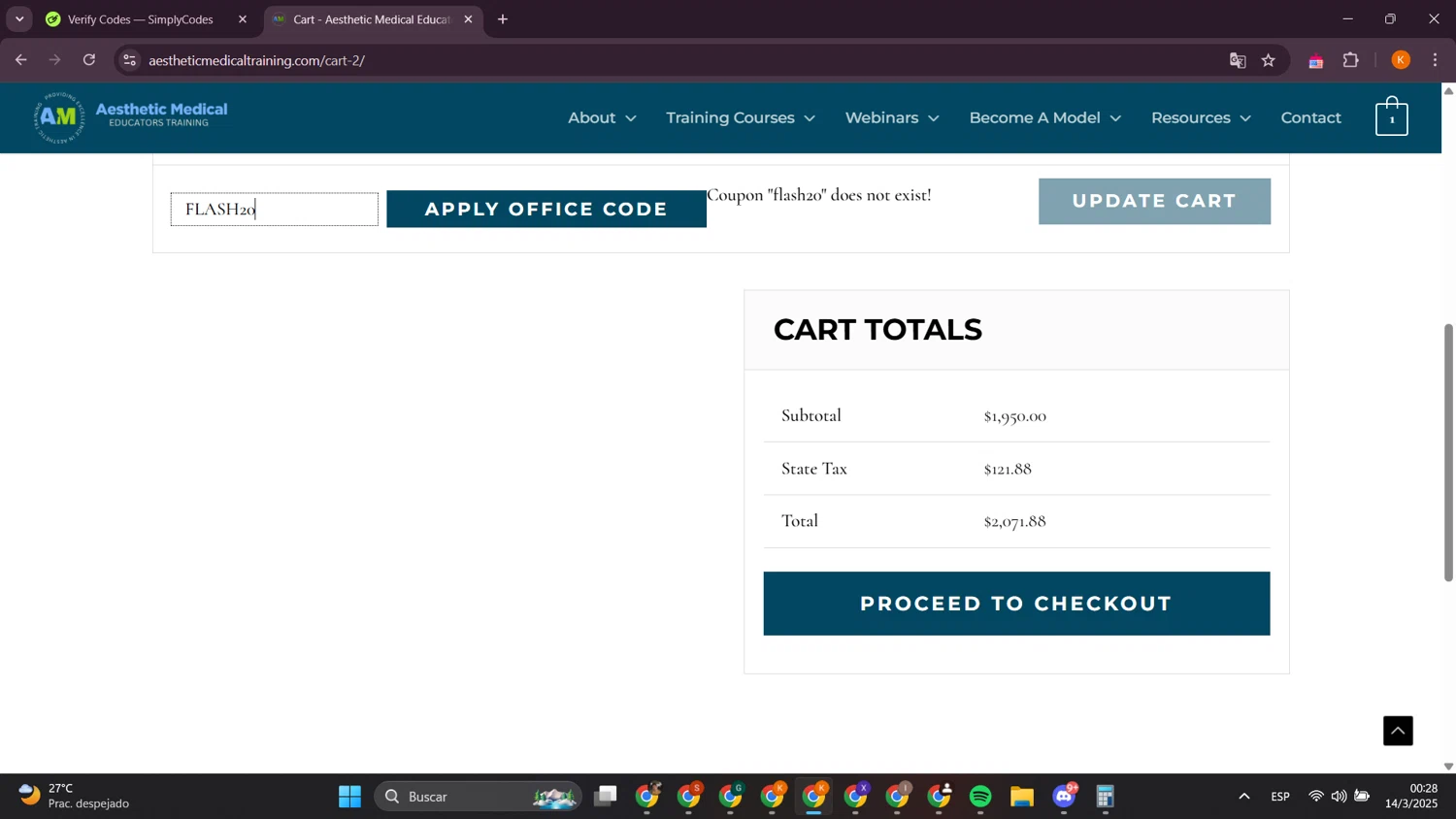 Aesthetic Medical Training promo code screenshot showing code FLASH20 applied at Aesthetic Medical Training checkout page. Uploaded by SimplyCodes community member davidsalazar on Mar 14, 2025