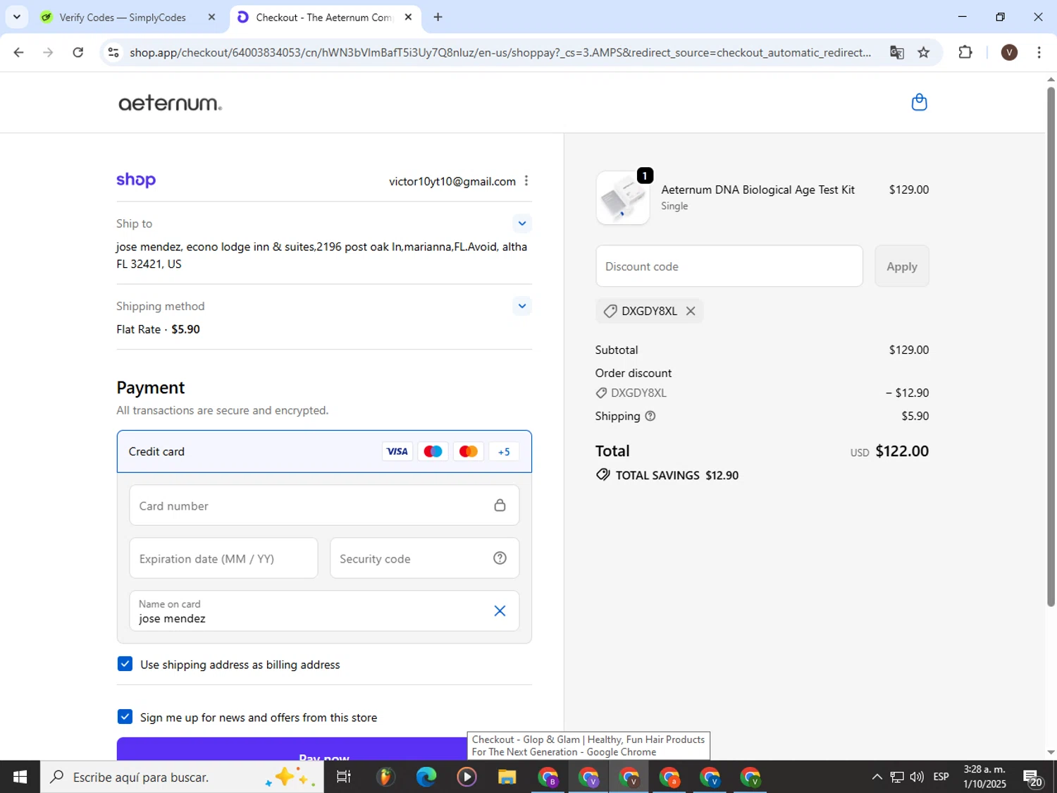 The Aeternum Company promo code screenshot showing code DXGDY8XL applied at The Aeternum Company checkout page. Uploaded by SimplyCodes community member CashLion3448 on Oct 1, 2025