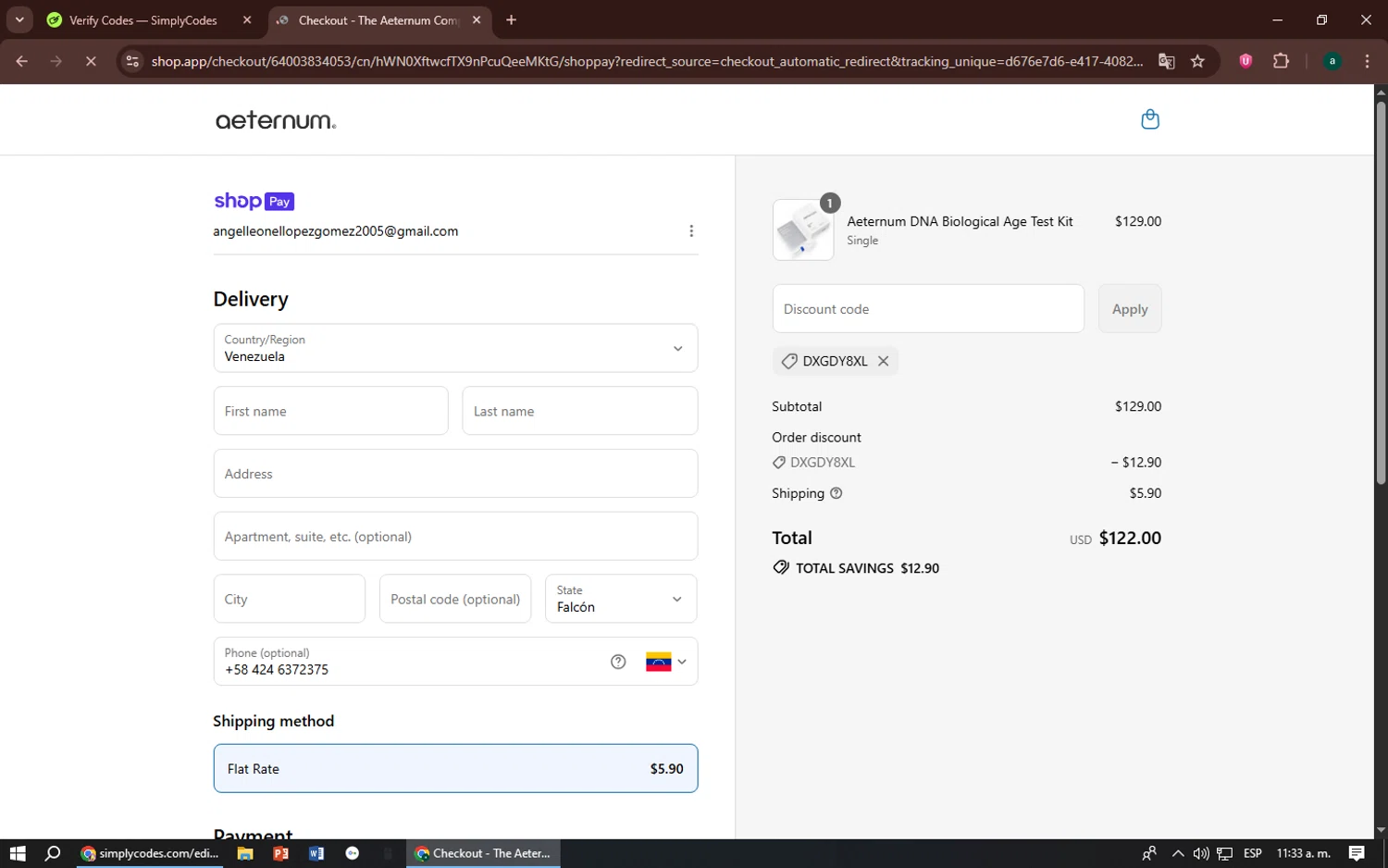 The Aeternum Company promo code screenshot showing code DXGDY8XL applied at The Aeternum Company checkout page. Uploaded by SimplyCodes community member zizu55 on Jul 12, 2025