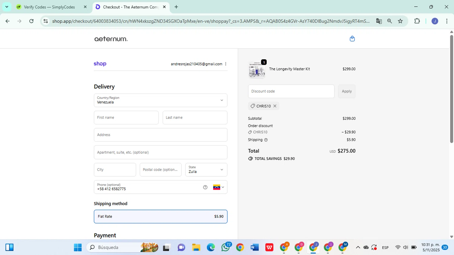The Aeternum Company promo code screenshot showing code CHRIS10 applied at The Aeternum Company checkout page. Uploaded by SimplyCodes community member DiscountSleuth6807 on Nov 6, 2025