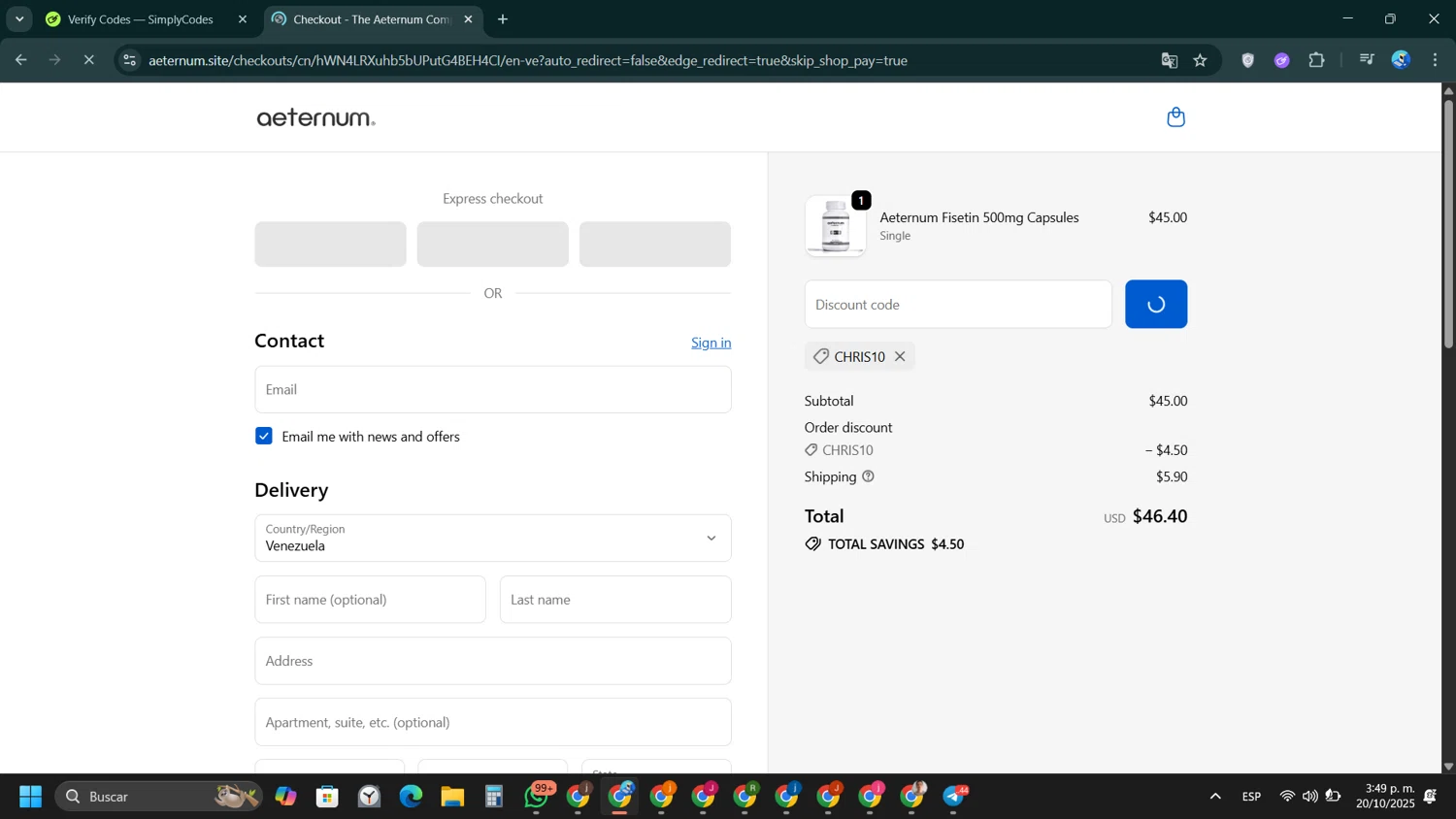 The Aeternum Company promo code screenshot showing code CHRIS10 applied at The Aeternum Company checkout page. Uploaded by SimplyCodes community member VictoriousPioneer4638 on Oct 20, 2025