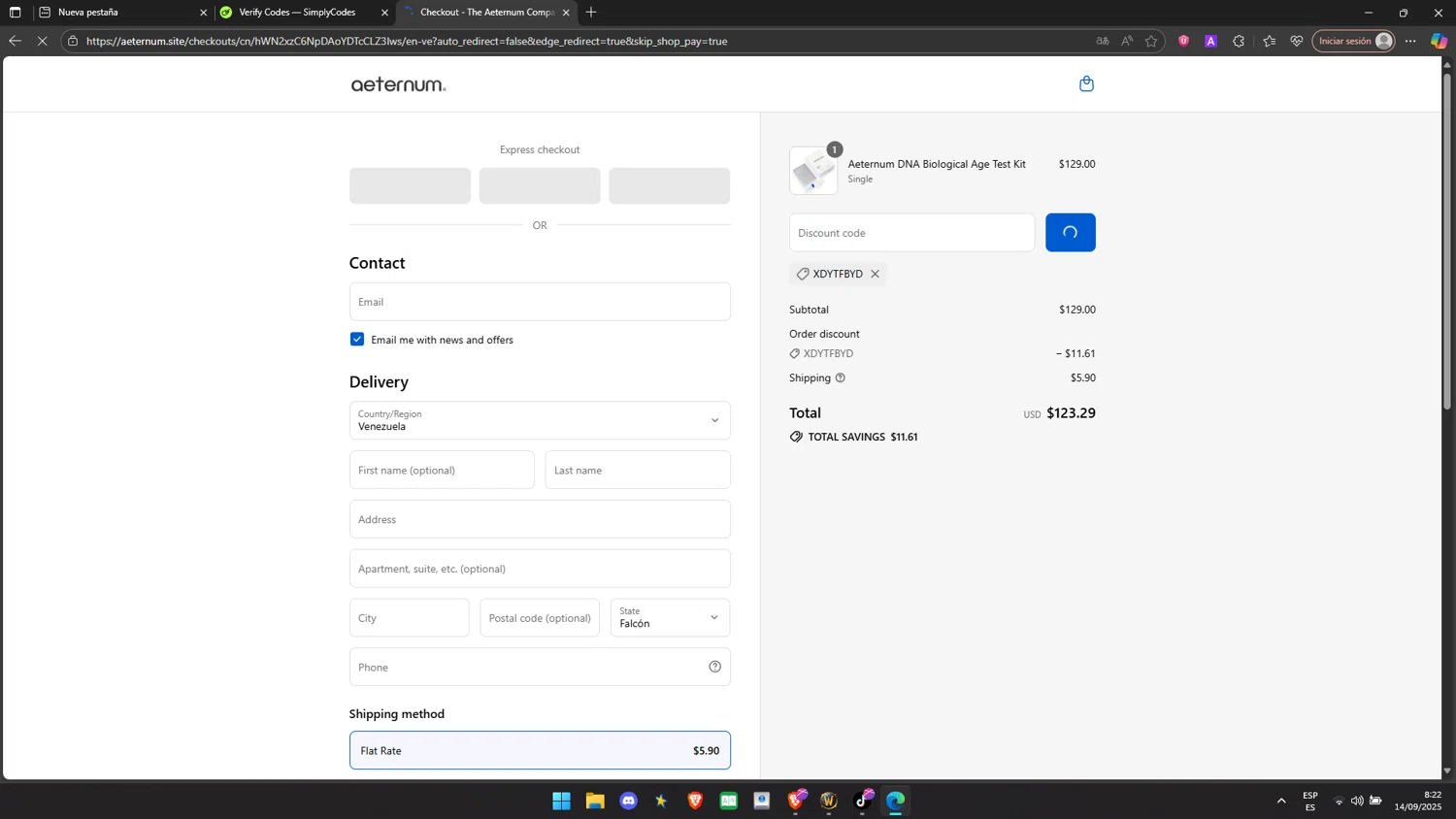 The Aeternum Company promo code screenshot showing code XDYTFBYD applied at The Aeternum Company checkout page. Uploaded by SimplyCodes community member DealAce7453 on Sep 14, 2025
