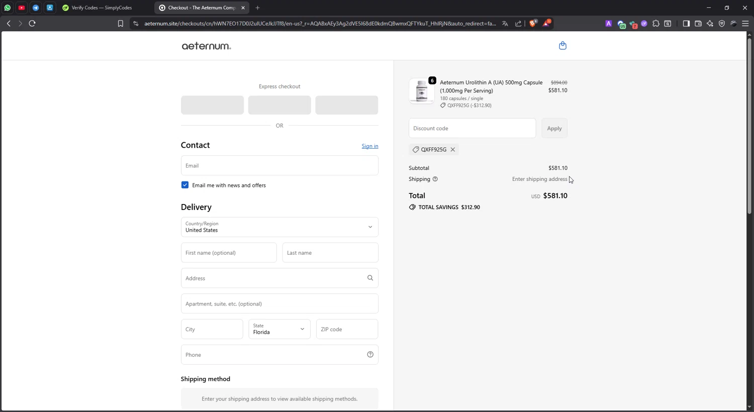 The Aeternum Company checkout page showing The Aeternum Company promo code box | Screenshot taken by SimplyCodes community member on Jan 4, 2026
