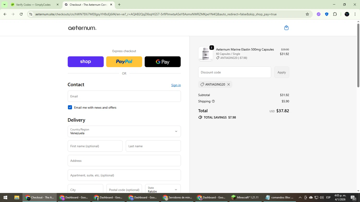 The Aeternum Company promo code screenshot showing code ANTIAGING20 applied at The Aeternum Company checkout page. Uploaded by SimplyCodes community member CarmenVGR on Jan 4, 2026