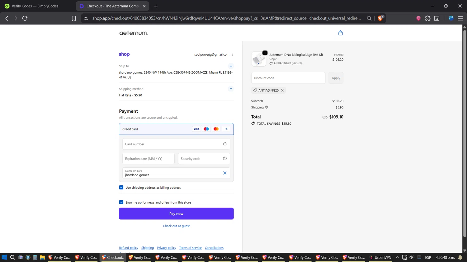 The Aeternum Company promo code screenshot showing code ANTIAGING20 applied at The Aeternum Company checkout page. Uploaded by SimplyCodes community member Jgomez on Oct 12, 2025