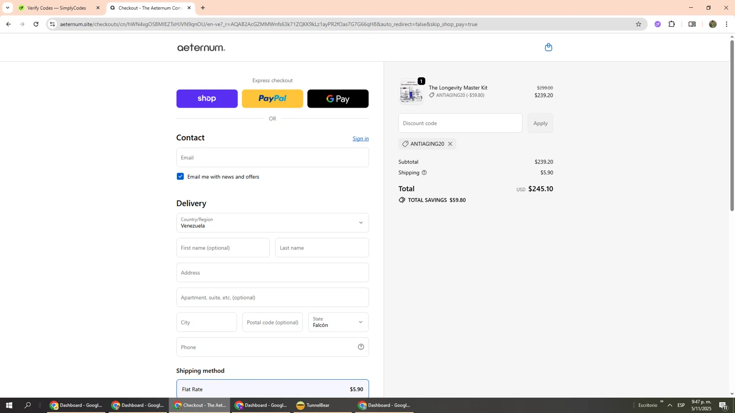 The Aeternum Company promo code screenshot showing code ANTIAGING20 applied at The Aeternum Company checkout page. Uploaded by SimplyCodes community member Phoenix585 on Nov 6, 2025