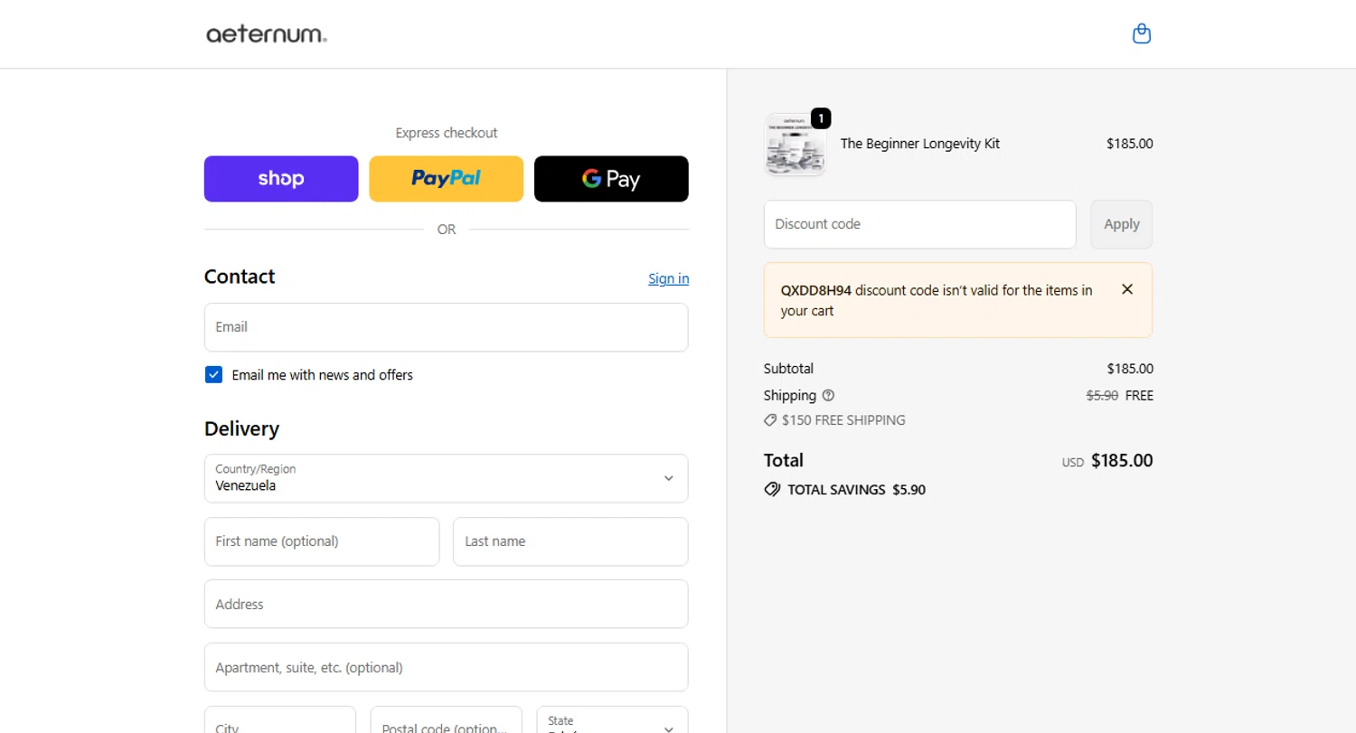 The Aeternum Company checkout page showing The Aeternum Company promo code box | Screenshot taken by SimplyCodes community member on Jan 4, 2026
