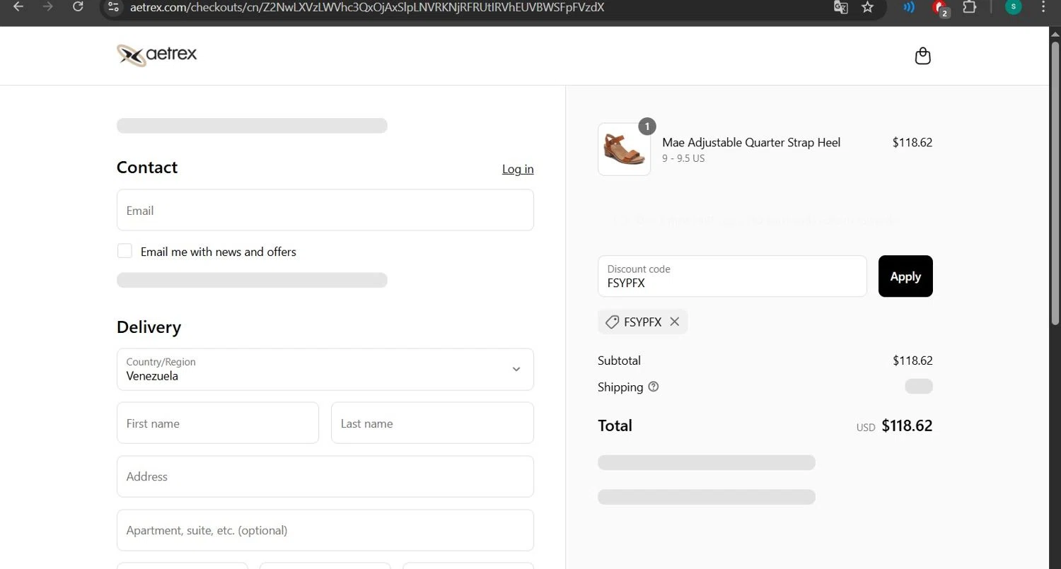 Aetrex promo code screenshot showing code FSYPFX applied at Aetrex checkout page. Uploaded by SimplyCodes community member lizimerz on Jul 7, 2025