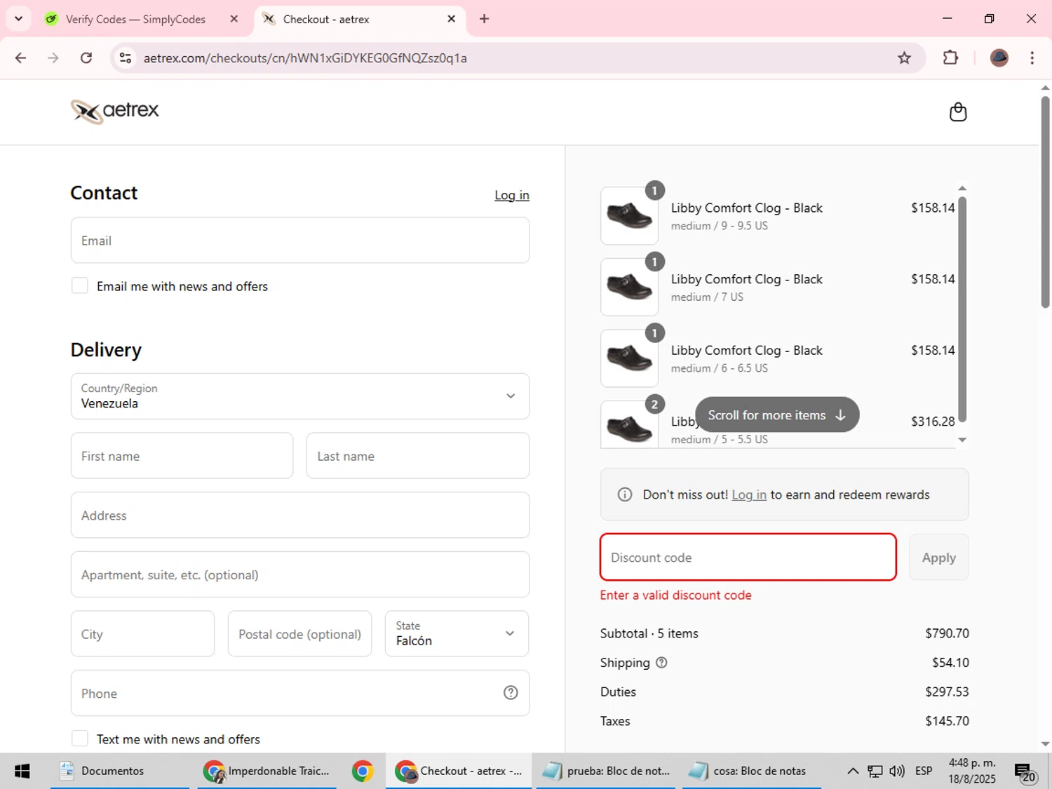 Aetrex promo code screenshot showing code DEBASMITA20 applied at Aetrex checkout page. Uploaded by SimplyCodes community member Rowan18 on Aug 18, 2025