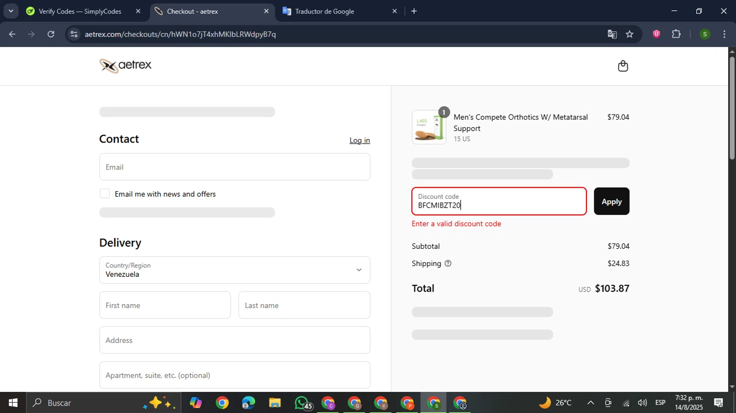 Aetrex promo code screenshot showing code BFCMIBZT20 applied at Aetrex checkout page. Uploaded by SimplyCodes community member RewardMaverick445 on Aug 14, 2025