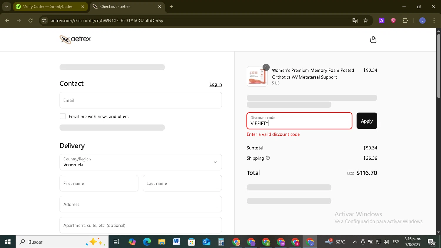 Aetrex promo code screenshot showing code VIPFIFTY applied at Aetrex checkout page. Uploaded by SimplyCodes community member EpicSage3474 on Aug 7, 2025