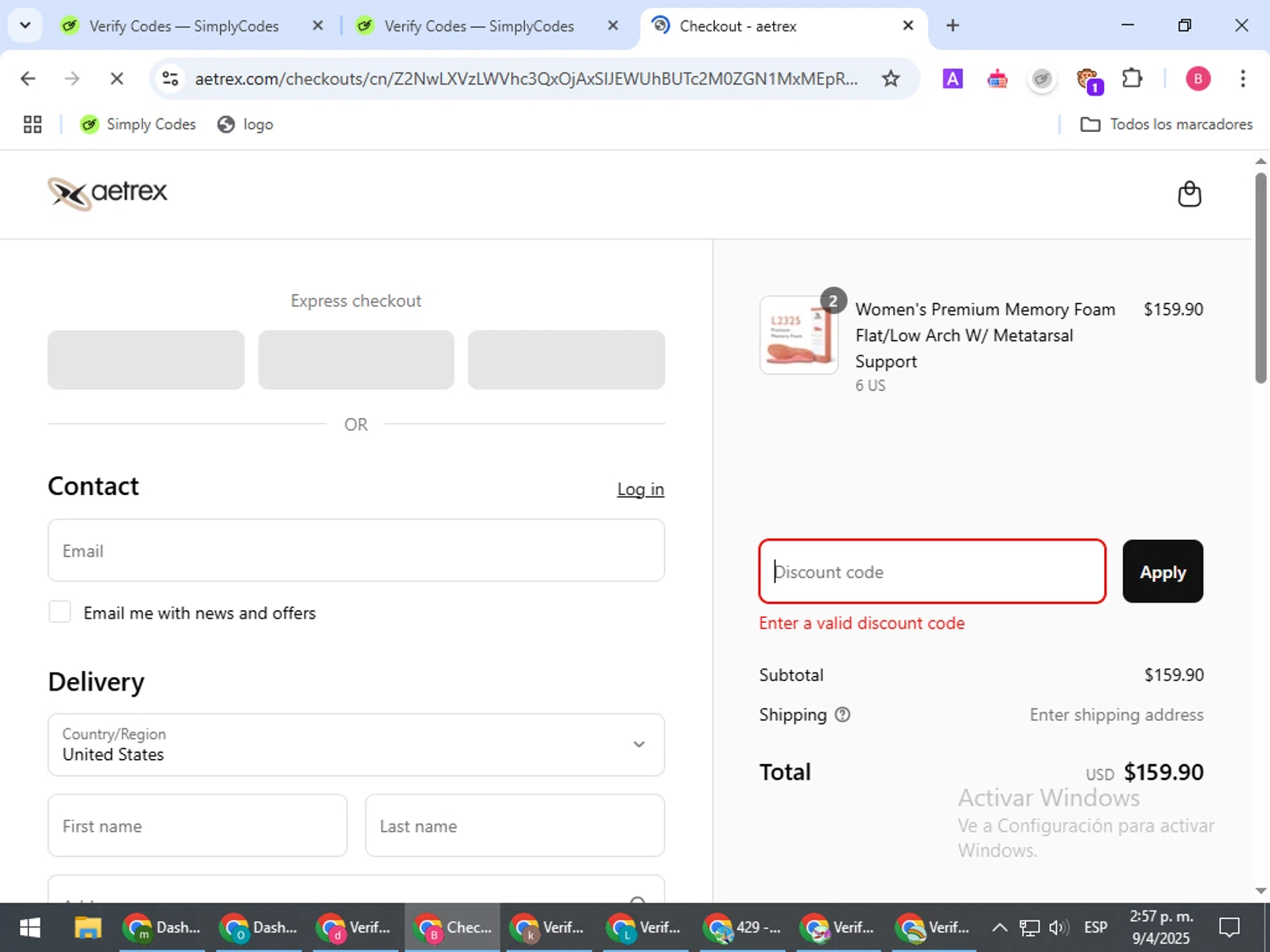 Aetrex promo code screenshot showing code VIPFIFTY applied at Aetrex checkout page. Uploaded by SimplyCodes community member bombontropical on Apr 9, 2025