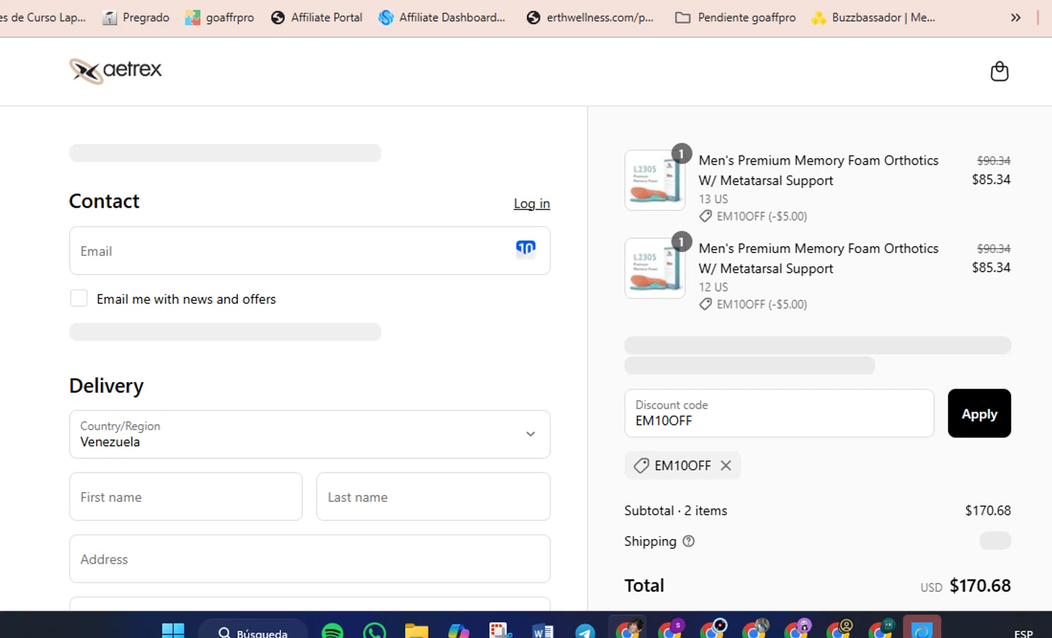 Aetrex promo code screenshot showing code EM10OFF applied at Aetrex checkout page. Uploaded by SimplyCodes community member luisaballera on Jun 26, 2025