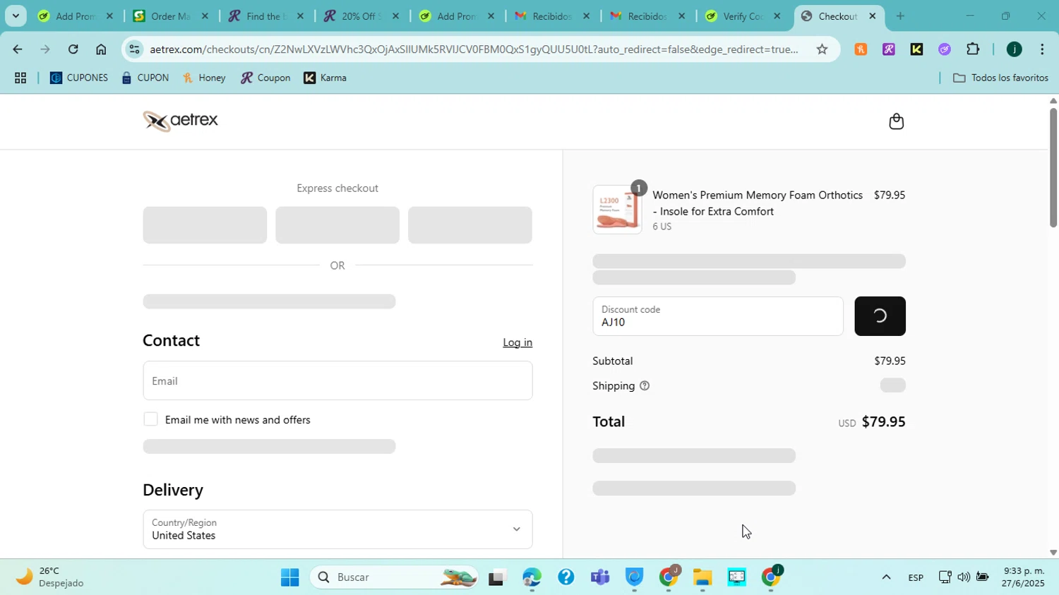 Aetrex promo code screenshot showing code AJ10 applied at Aetrex checkout page. Uploaded by SimplyCodes community member jorgejavierherrera on Jun 28, 2025