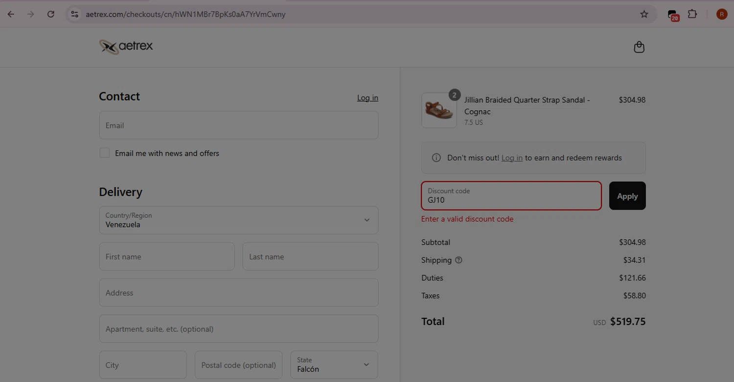 Aetrex promo code screenshot showing code GJ10 applied at Aetrex checkout page. Uploaded by SimplyCodes community member BrilliantRanger8168 on Aug 3, 2025