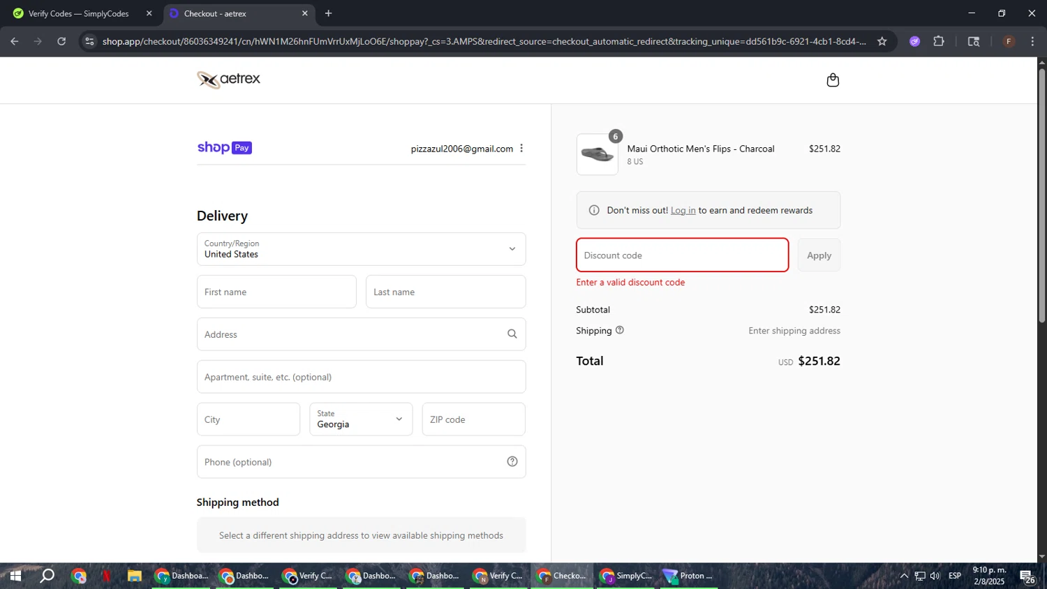 Aetrex promo code screenshot showing code GJ10 applied at Aetrex checkout page. Uploaded by SimplyCodes community member ExtraordinaryHunter3076 on Aug 3, 2025