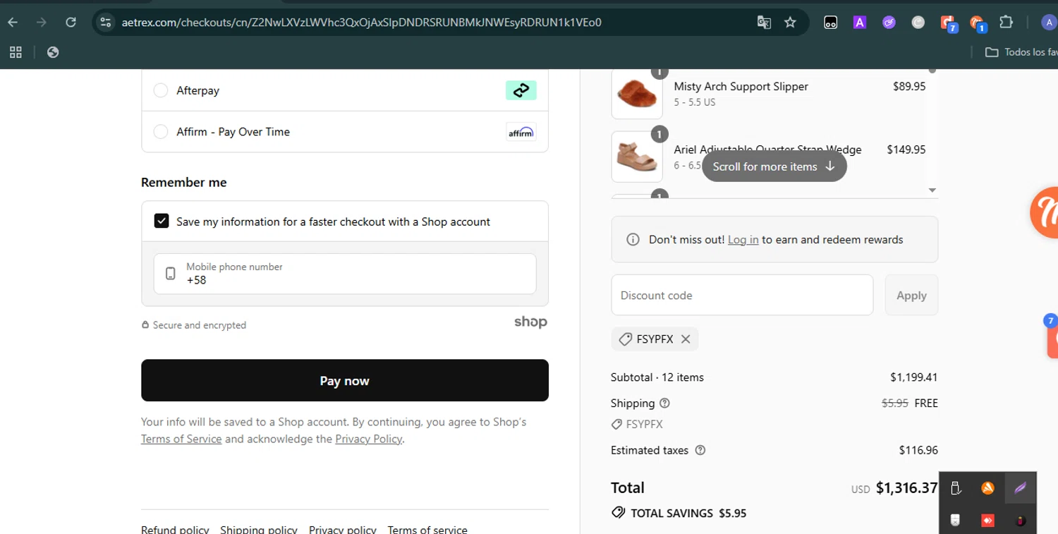Aetrex promo code screenshot showing code FSYPFX applied at Aetrex checkout page. Uploaded by SimplyCodes community member Carolina23 on Jul 7, 2025